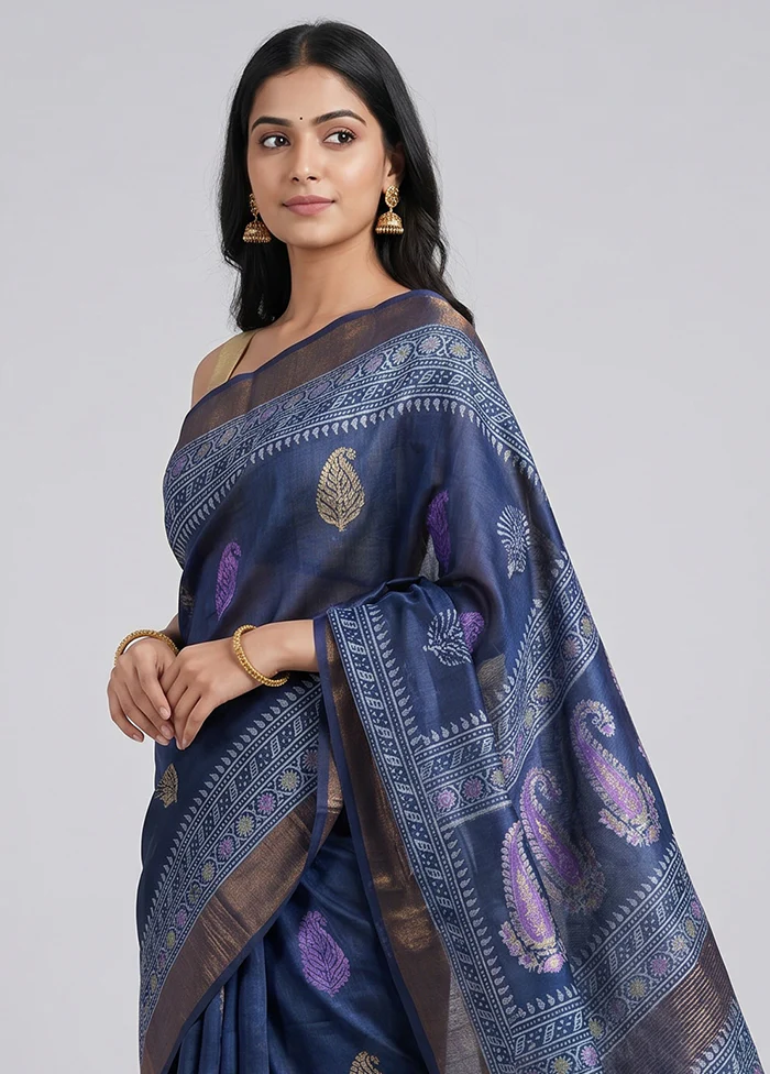 Blue Handloom Tussar Pure Silk Saree With Blouse Piece - Image 2