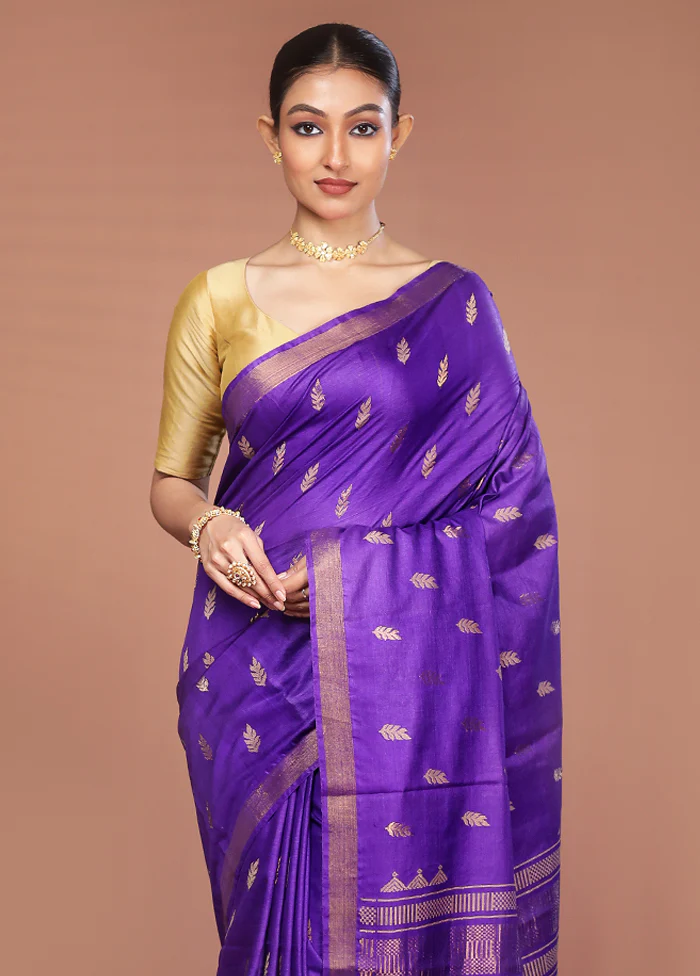 Blue Handloom Tussar Pure Silk Saree With Blouse Piece