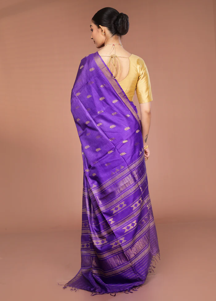 Blue Handloom Tussar Pure Silk Saree With Blouse Piece - Image 3