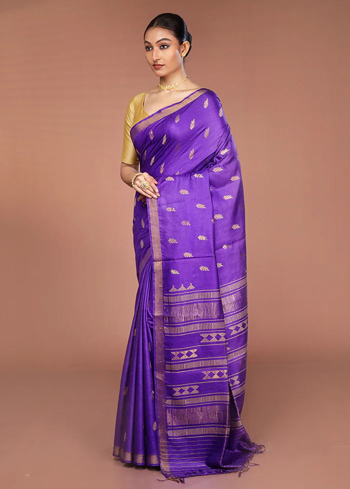 Blue Handloom Tussar Pure Silk Saree With Blouse Piece - Image 4