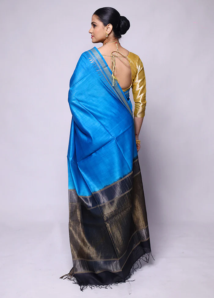 Blue Handloom Tussar Pure Silk Saree With Blouse Piece - Image 3