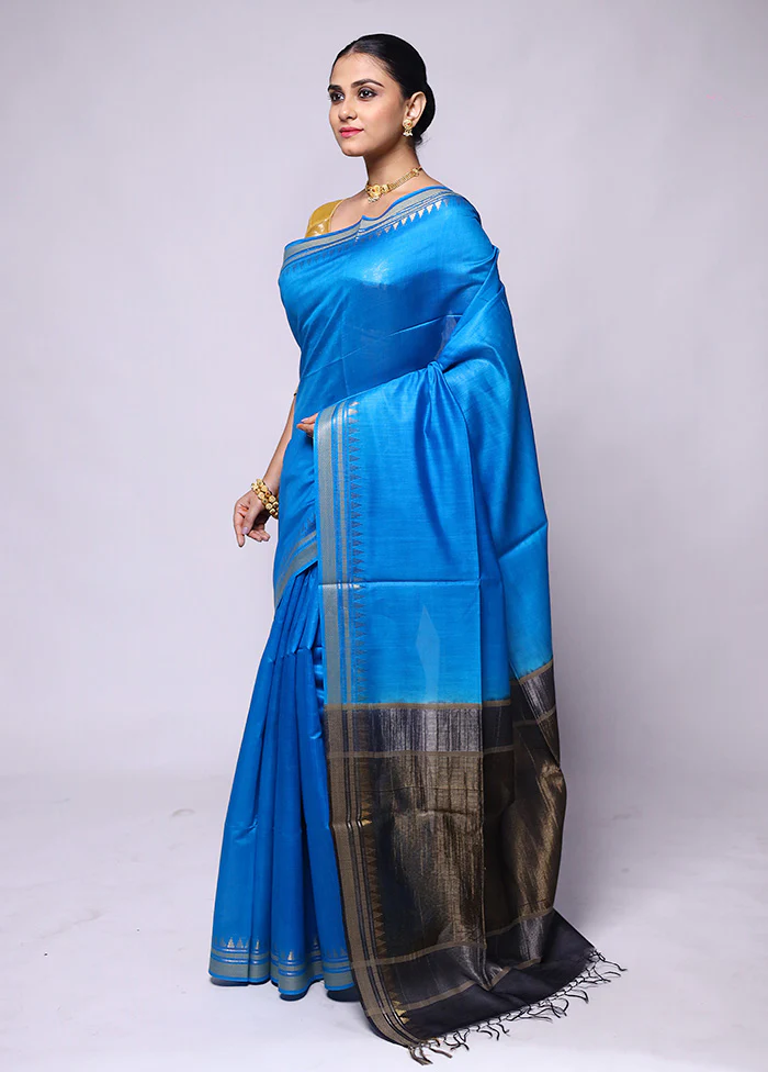 Blue Handloom Tussar Pure Silk Saree With Blouse Piece - Image 4