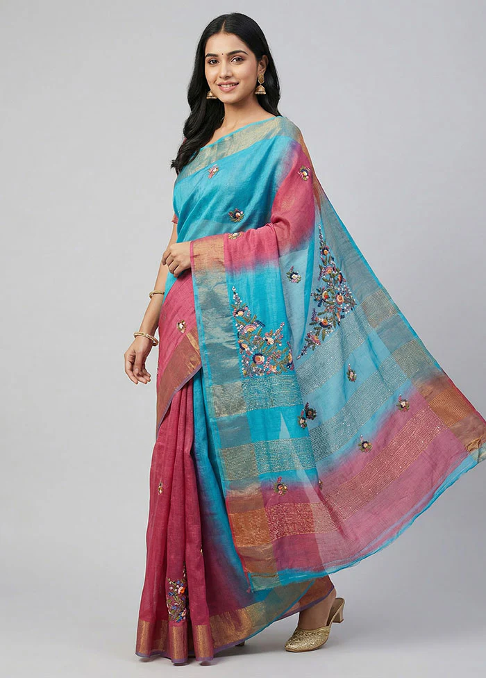 Blue Handloom Tussar Pure Silk Saree With Blouse Piece