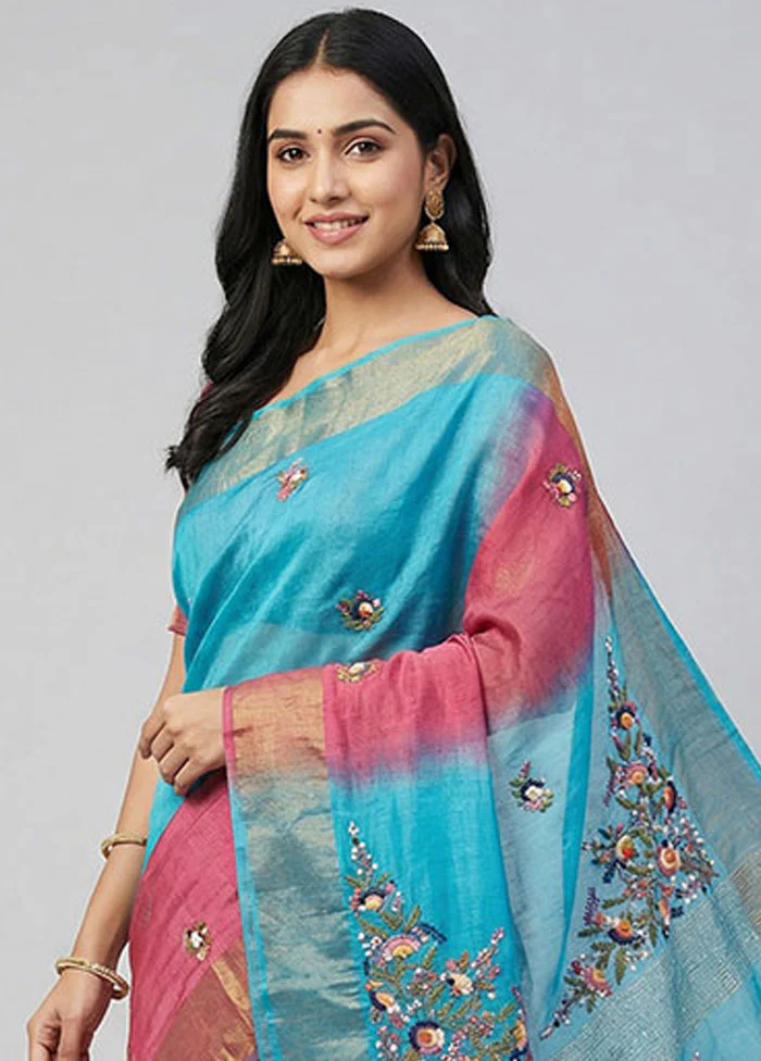 Blue Handloom Tussar Pure Silk Saree With Blouse Piece - Image 2