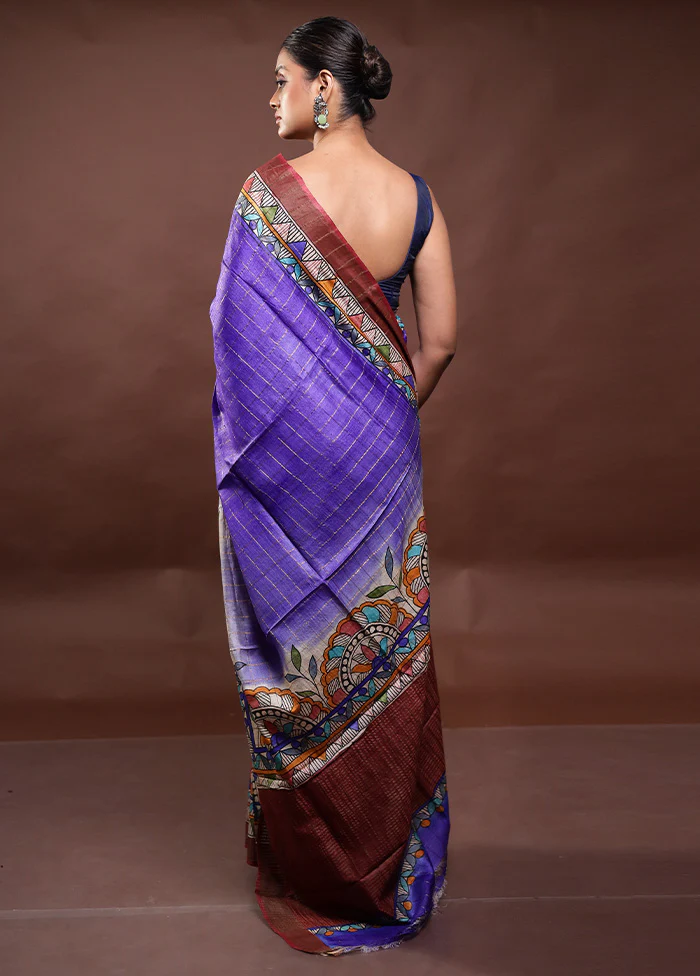 Blue Handloom Tussar Pure Silk Saree With Blouse Piece - Image 3