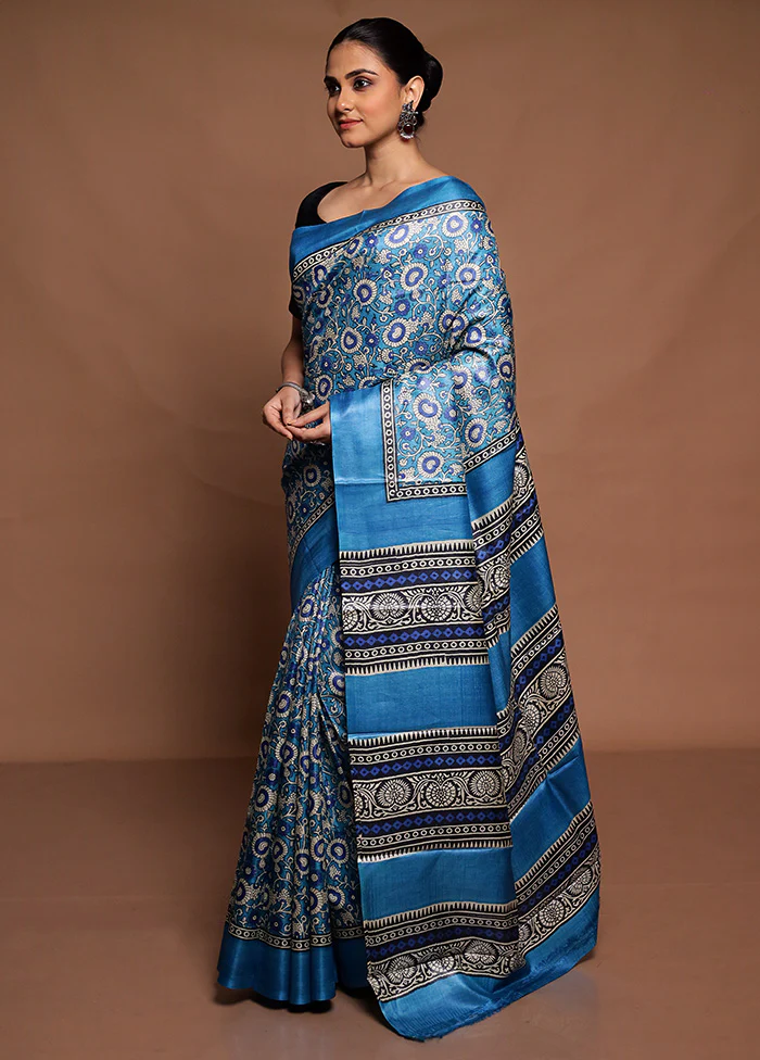 Blue Handloom Tussar Pure Silk Saree With Blouse Piece - Image 4