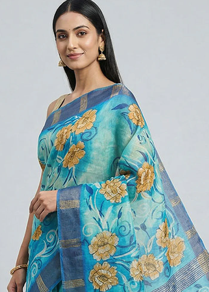 Blue Handloom Tussar Pure Silk Saree With Blouse Piece - Image 2