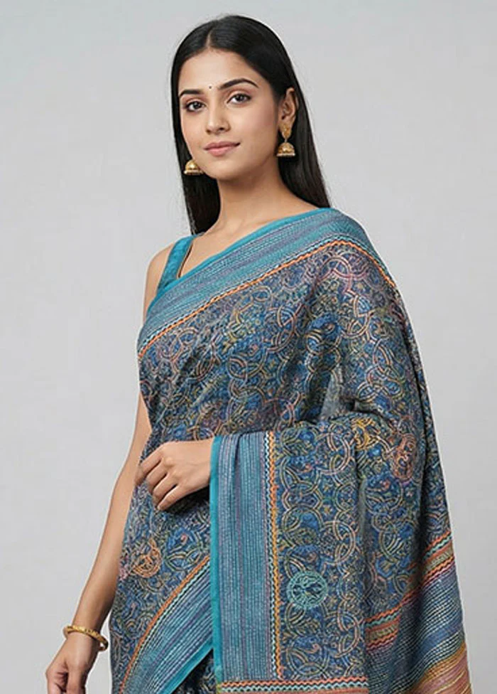Blue Handloom Tussar Pure Silk Saree With Blouse Piece - Image 2