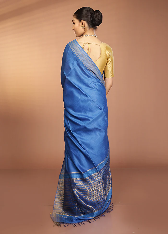 Blue Handloom Tussar Pure Silk Saree With Blouse Piece - Image 3
