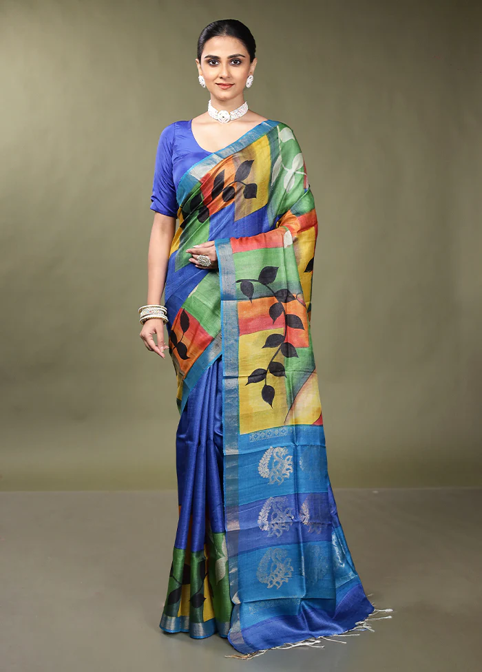 Blue Handloom Tussar Pure Silk Saree With Blouse Piece - Image 2