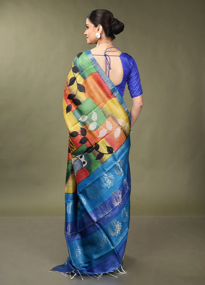 Blue Handloom Tussar Pure Silk Saree With Blouse Piece - Image 3
