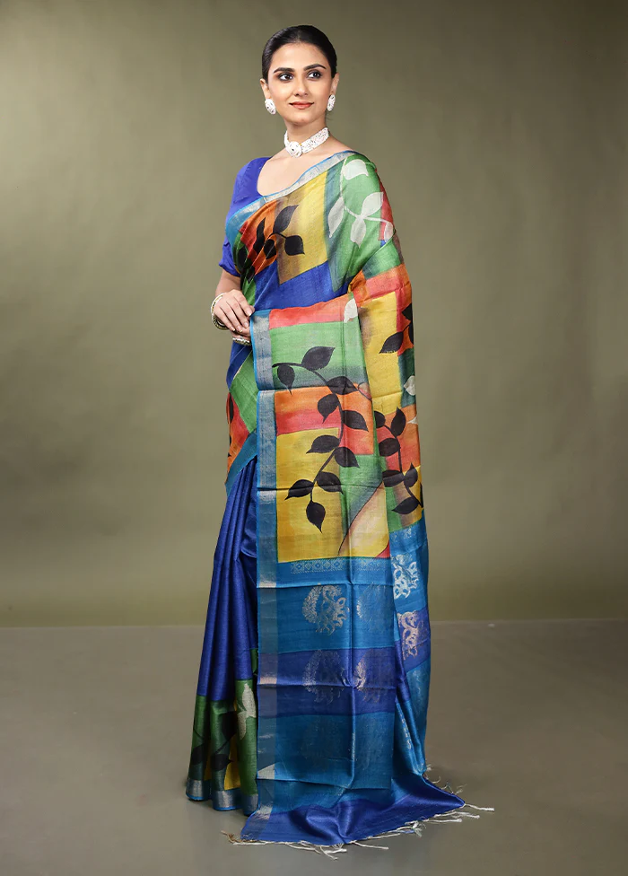 Blue Handloom Tussar Pure Silk Saree With Blouse Piece - Image 4