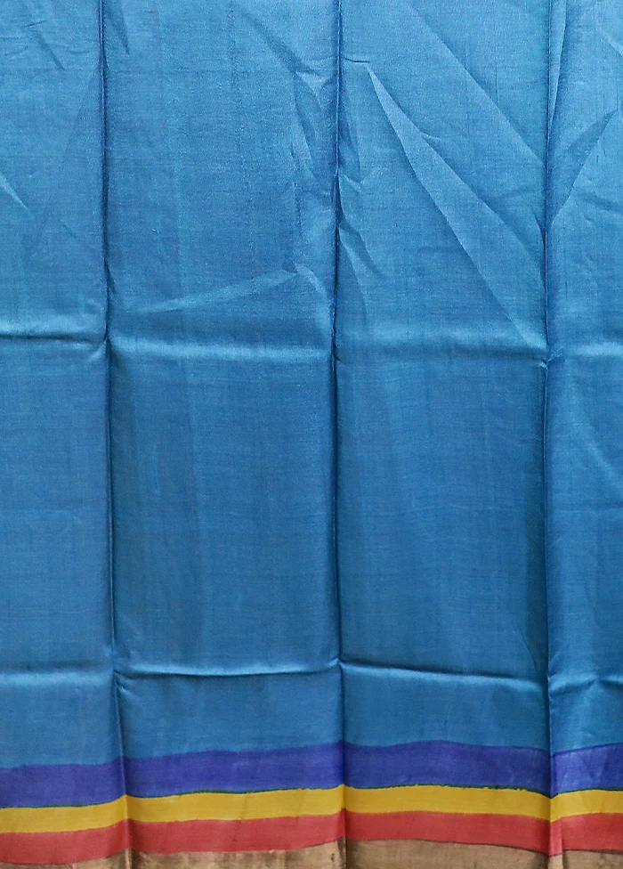 Blue Handloom Tussar Pure Silk Saree With Blouse Piece - Image 5