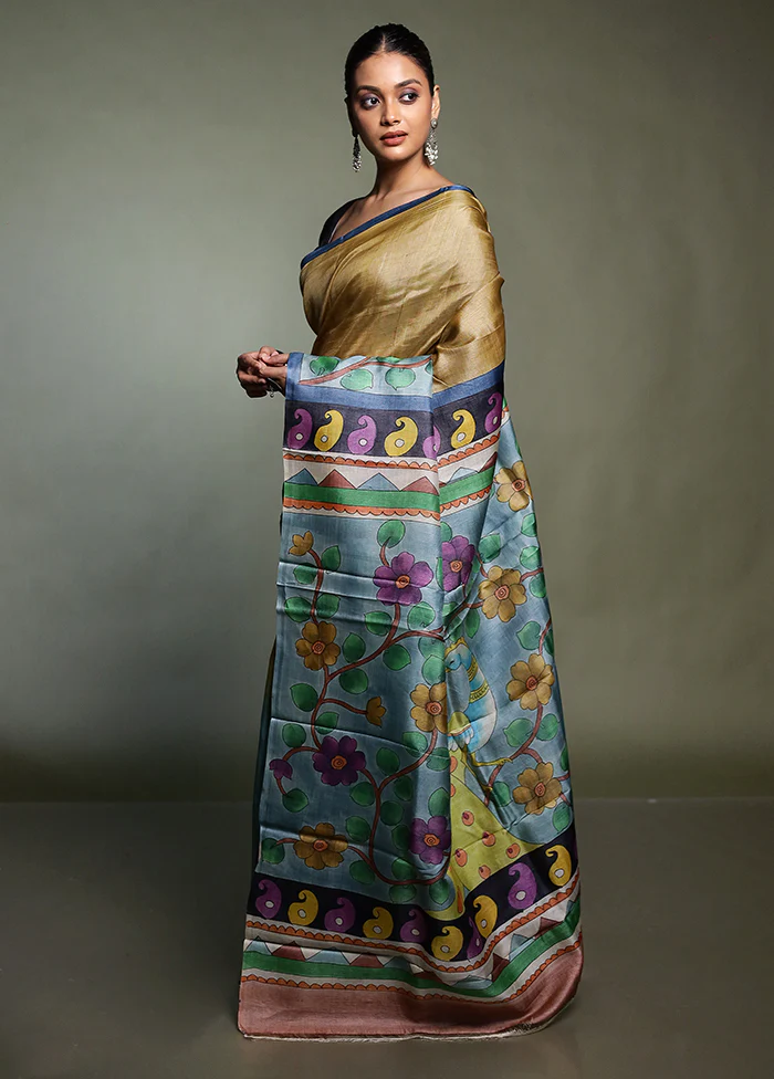 Blue Handloom Tussar Pure Silk Saree With Blouse Piece - Image 4