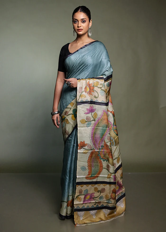 Blue Handloom Tussar Pure Silk Saree With Blouse Piece - Image 2