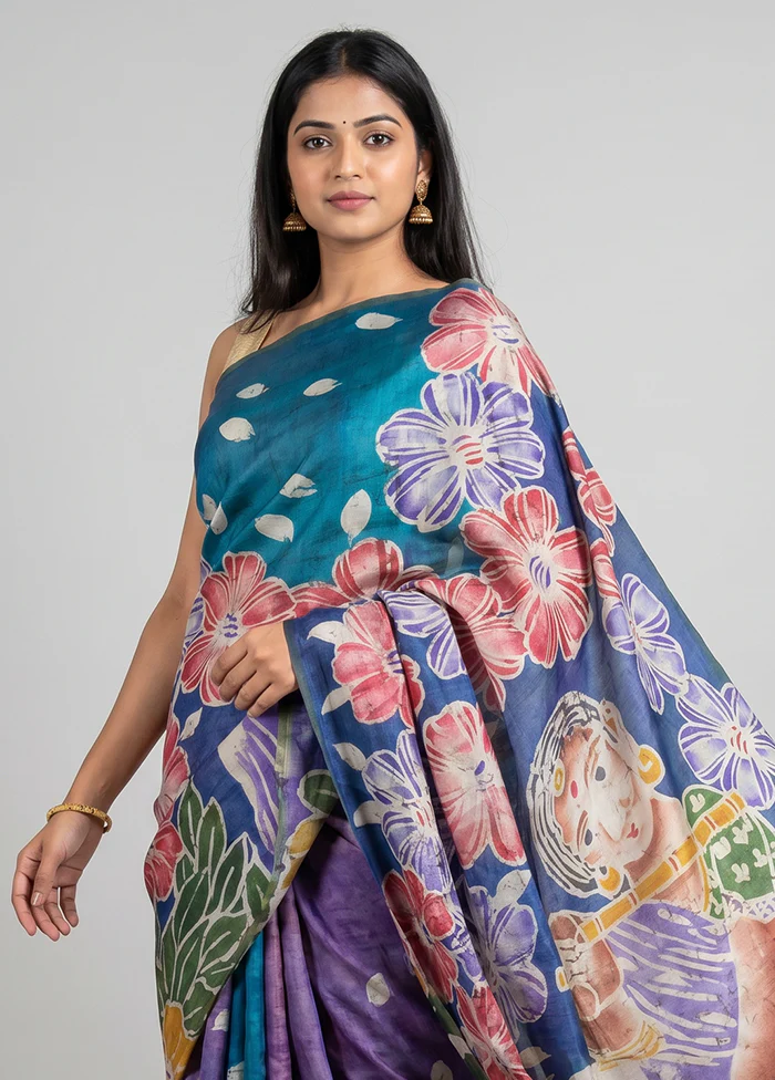 Blue Handloom Tussar Pure Silk Saree With Blouse Piece - Image 2