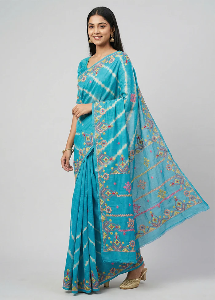 Blue Handloom Tussar Pure Silk Saree With Blouse Piece