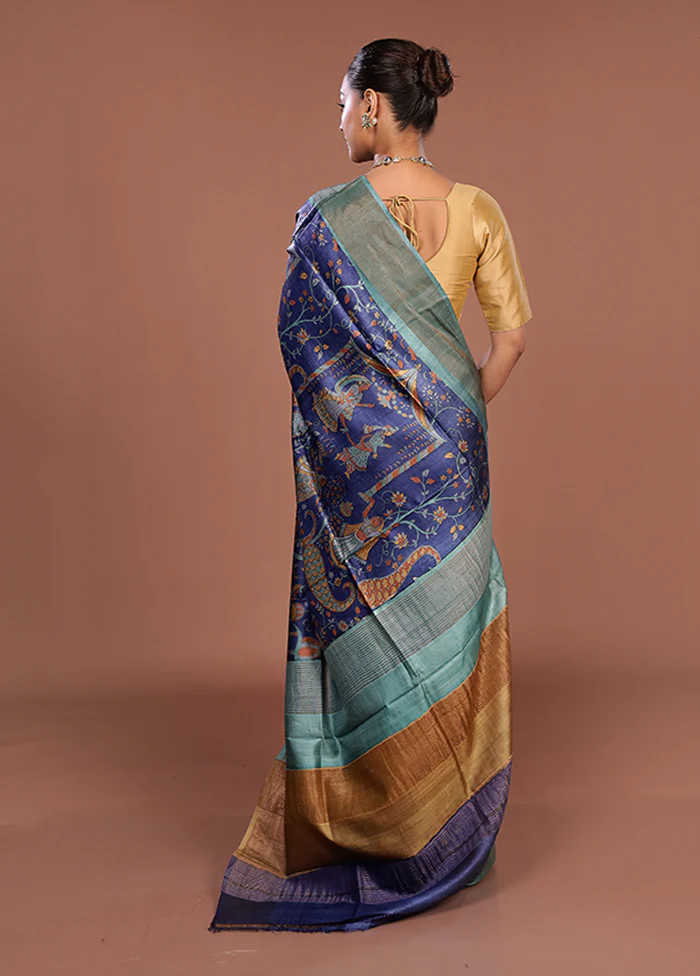 Blue Handloom Tussar Silk Saree With Blouse Piece - Image 3
