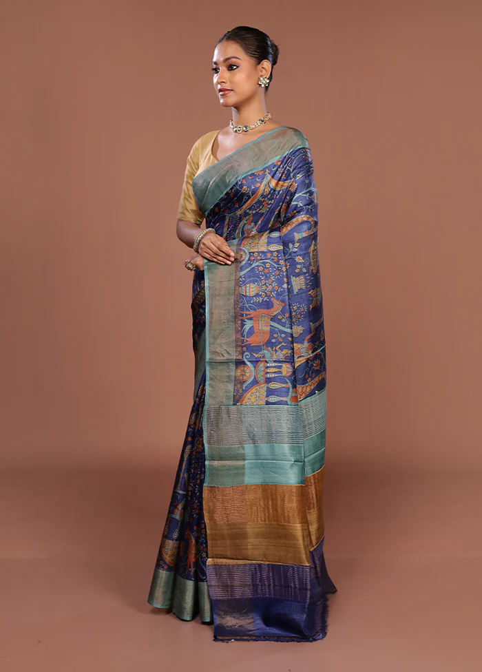Blue Handloom Tussar Silk Saree With Blouse Piece - Image 4