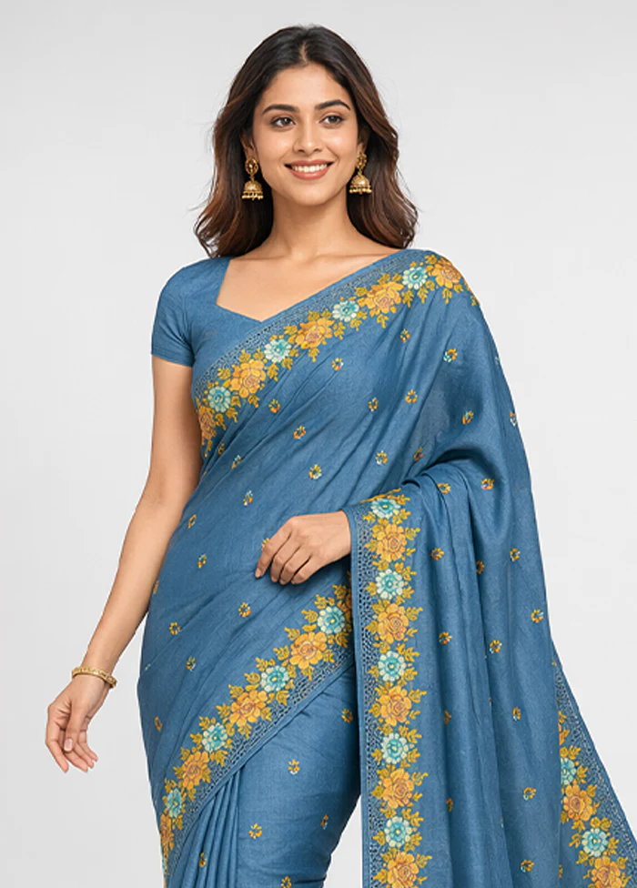 Blue Handloom Tussar Pure Silk Saree With Blouse Piece - Image 2
