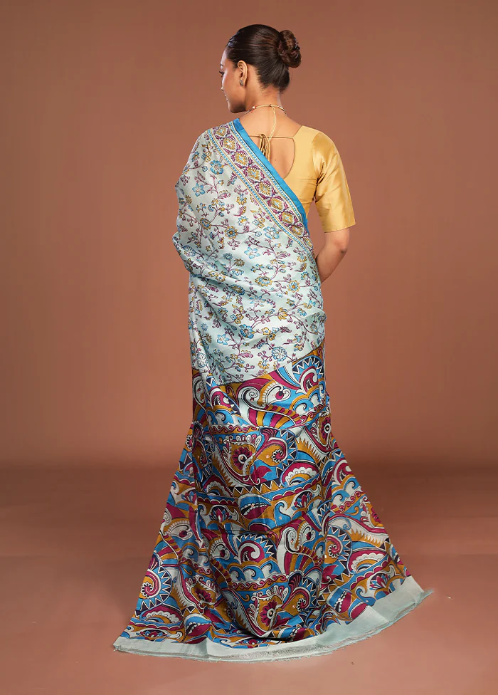 Blue Handloom Tussar Pure Silk Saree With Blouse Piece - Image 3