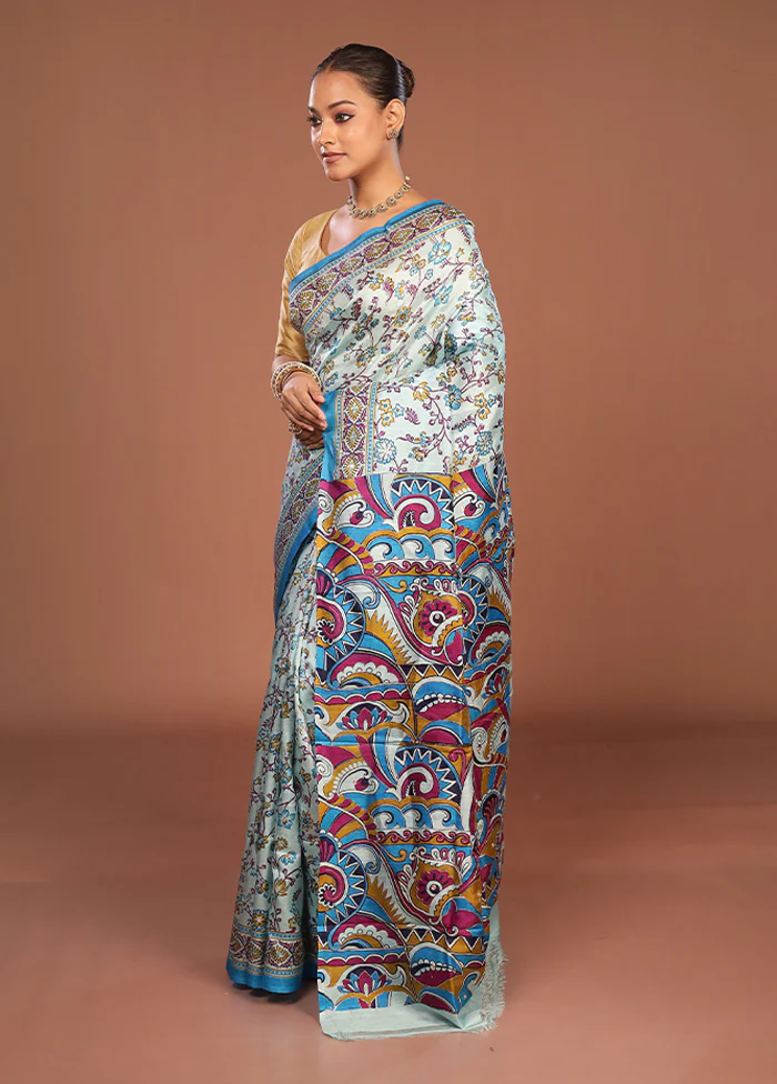 Blue Handloom Tussar Pure Silk Saree With Blouse Piece - Image 4