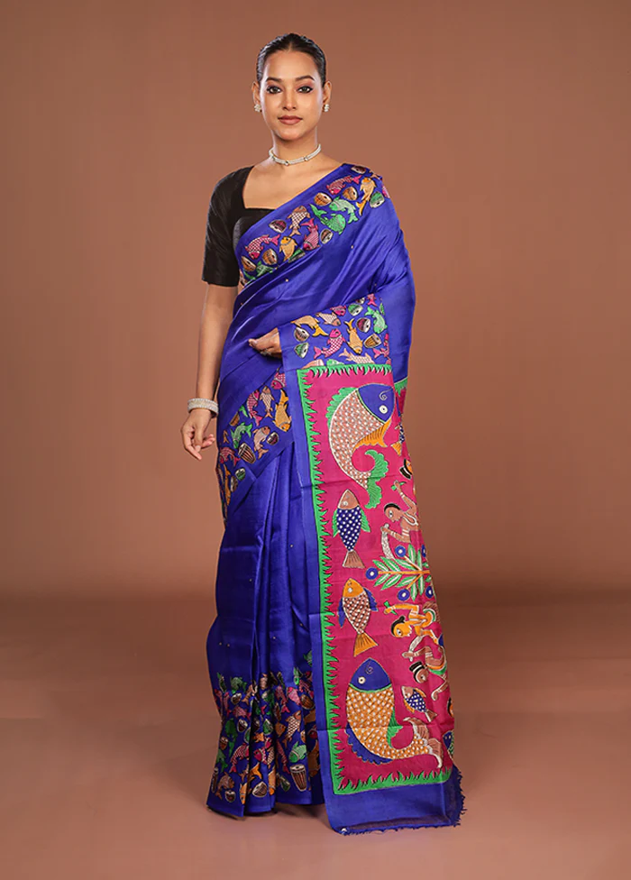 Blue Handloom Tussar Pure Silk Saree With Blouse Piece - Image 2