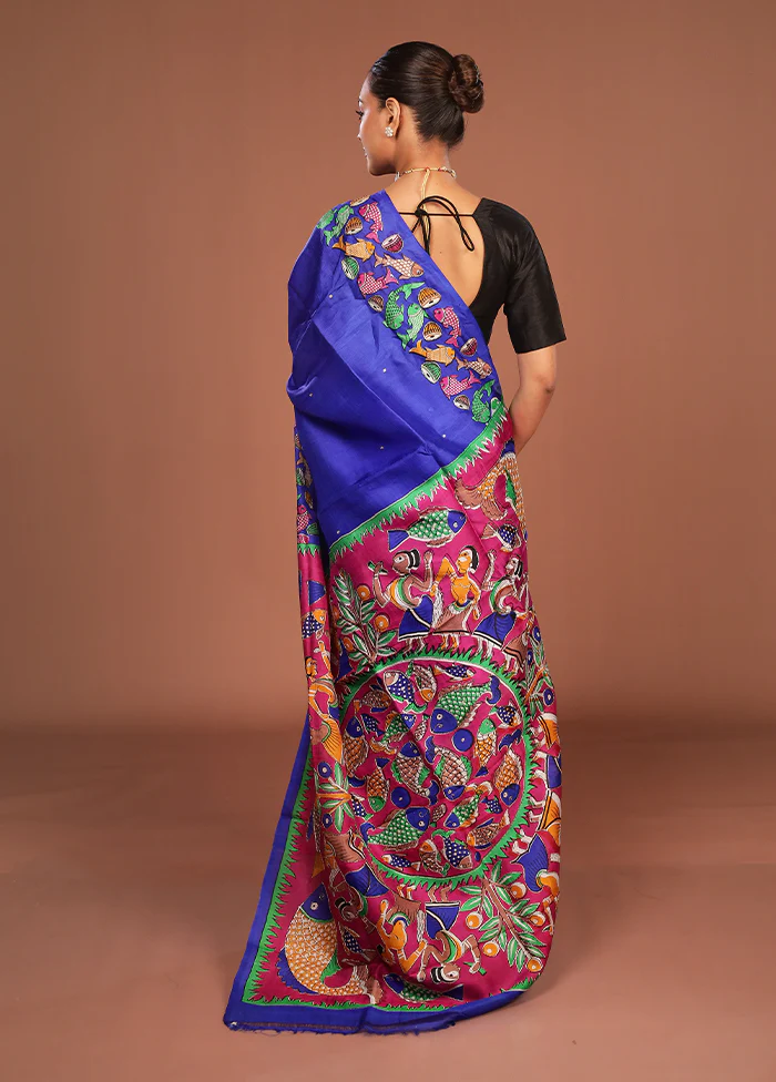 Blue Handloom Tussar Pure Silk Saree With Blouse Piece - Image 3