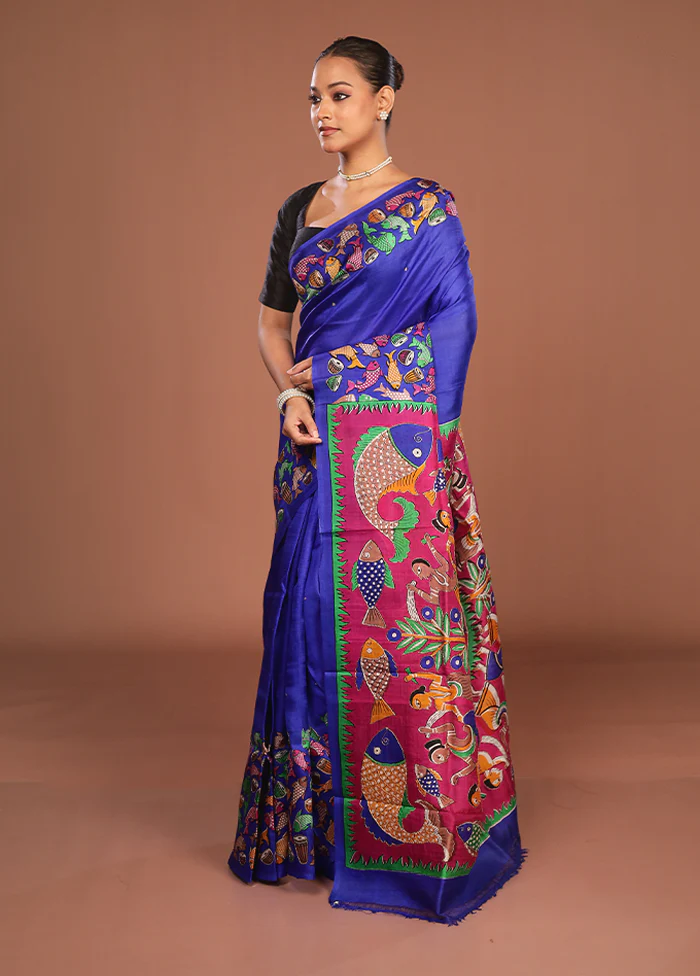 Blue Handloom Tussar Pure Silk Saree With Blouse Piece - Image 4