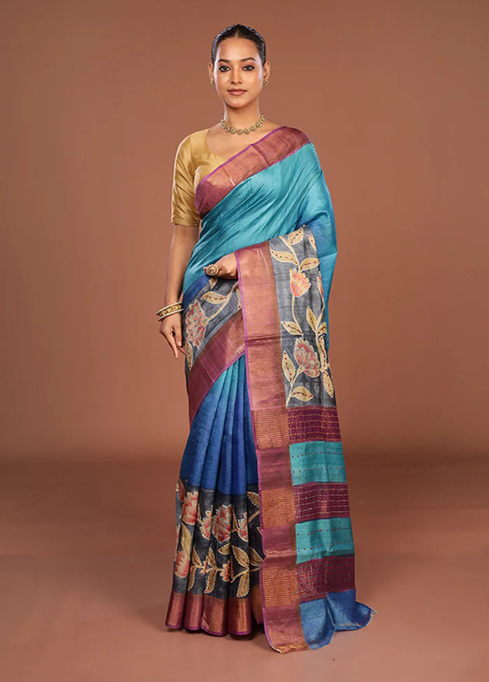 Blue Handloom Tussar Pure Silk Saree With Blouse Piece - Image 2