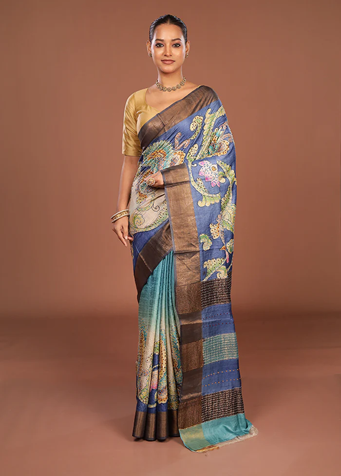 Blue Handloom Tussar Pure Silk Saree With Blouse Piece - Image 2