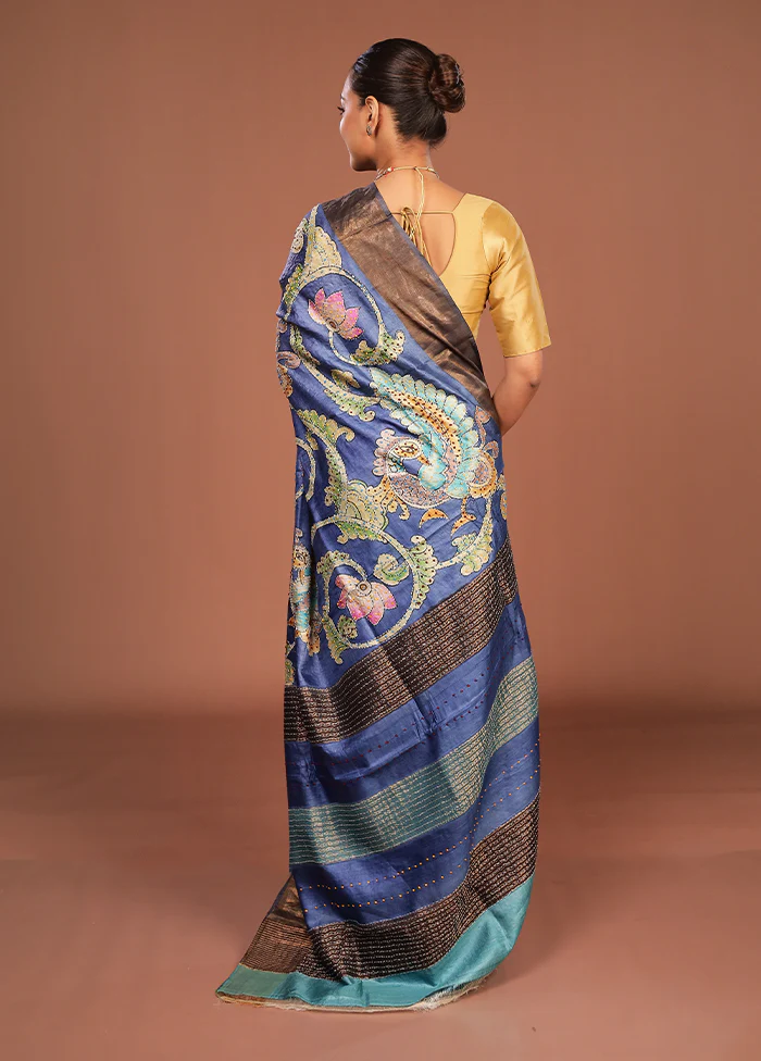 Blue Handloom Tussar Pure Silk Saree With Blouse Piece - Image 3
