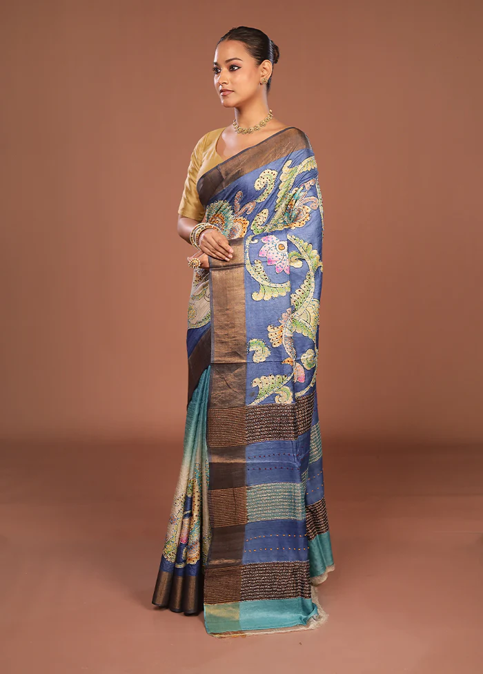 Blue Handloom Tussar Pure Silk Saree With Blouse Piece - Image 4