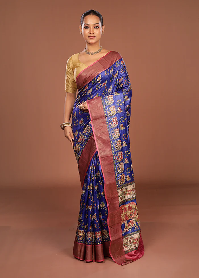 Blue Handloom Tussar Pure Silk Saree With Blouse Piece - Image 2