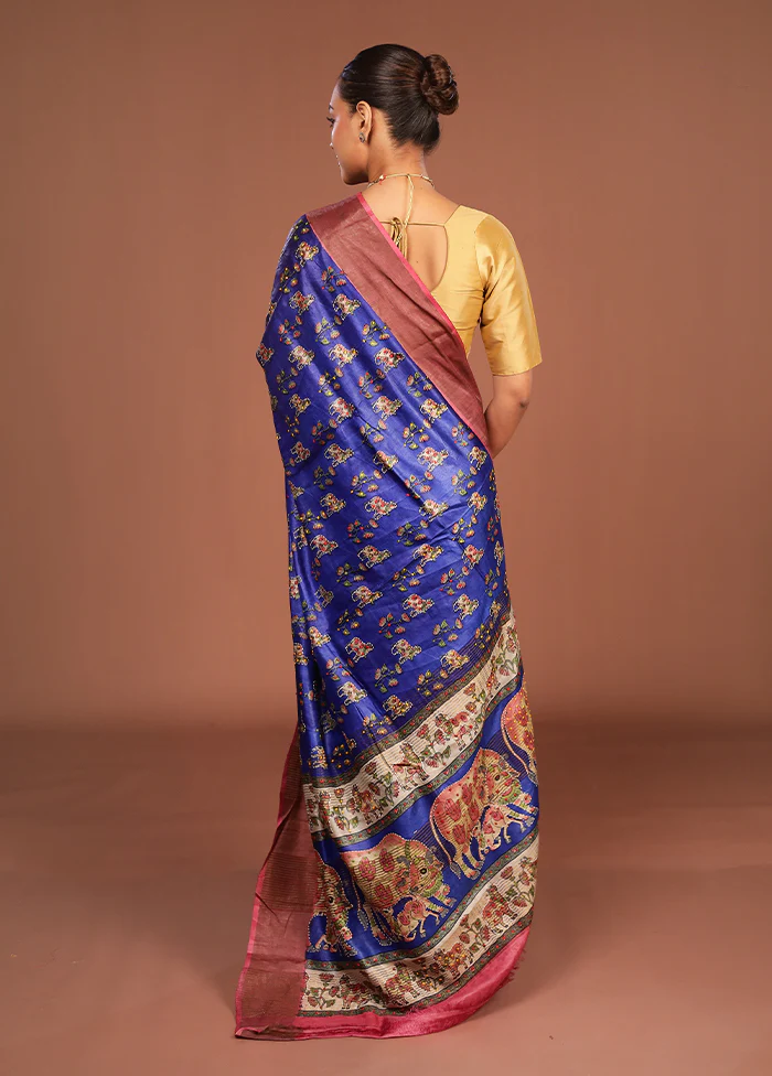 Blue Handloom Tussar Pure Silk Saree With Blouse Piece - Image 3