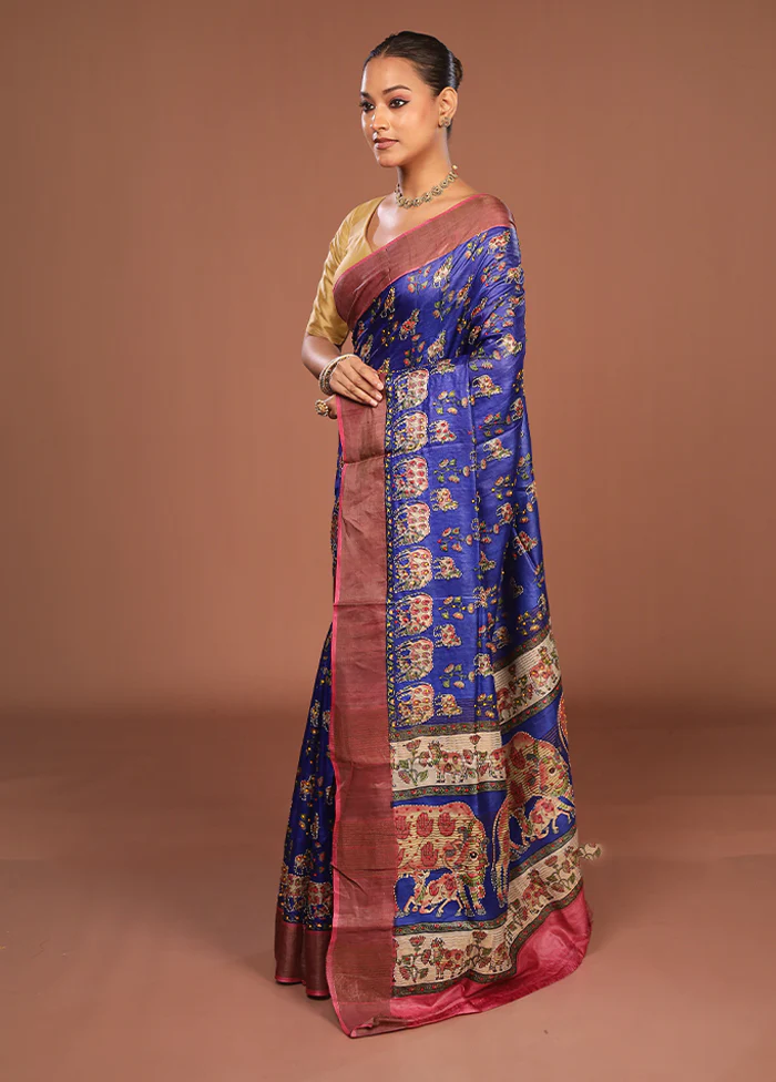 Blue Handloom Tussar Pure Silk Saree With Blouse Piece - Image 4