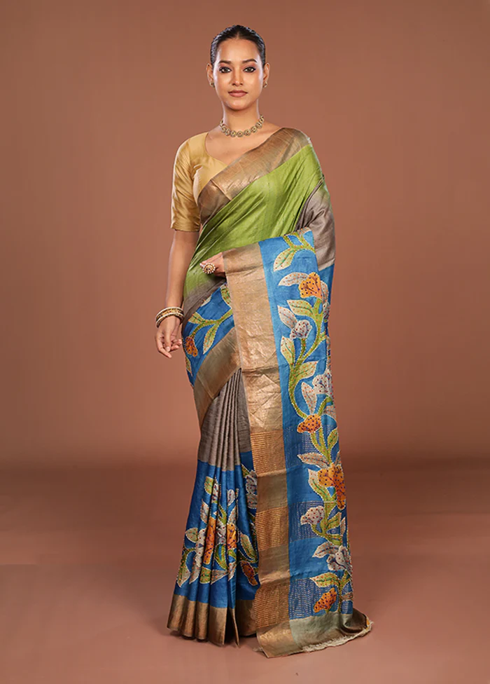 Blue Handloom Tussar Pure Silk Saree With Blouse Piece - Image 2