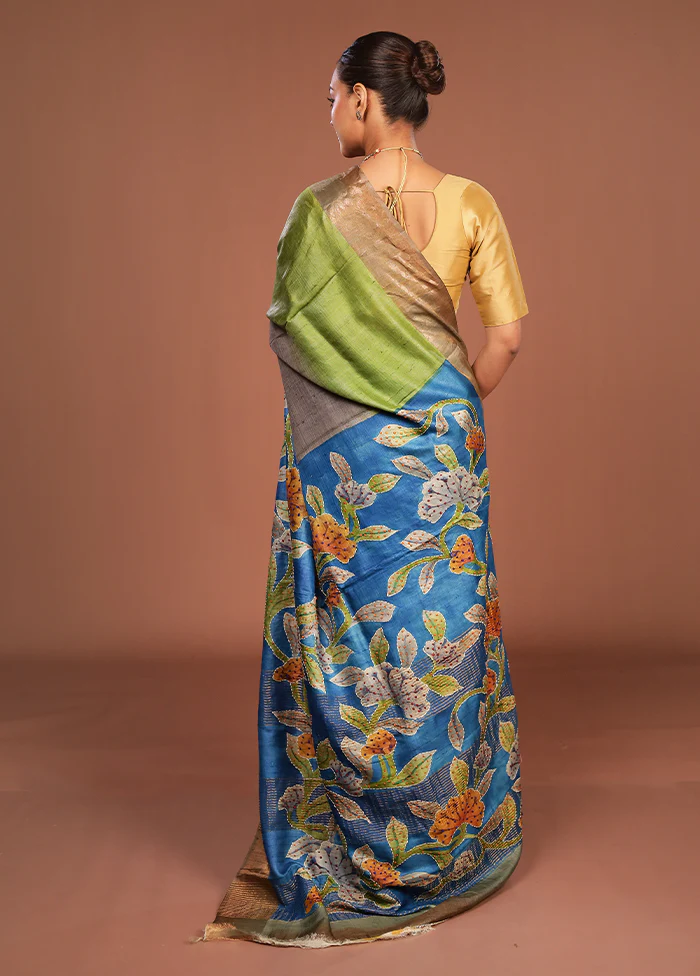 Blue Handloom Tussar Pure Silk Saree With Blouse Piece - Image 3
