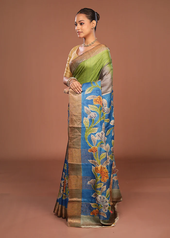 Blue Handloom Tussar Pure Silk Saree With Blouse Piece - Image 4