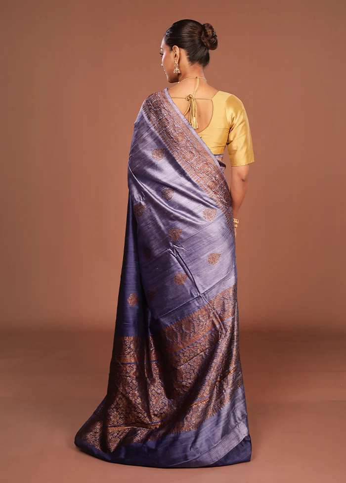 Blue Handloom Tussar Pure Silk Saree With Blouse Piece - Image 3