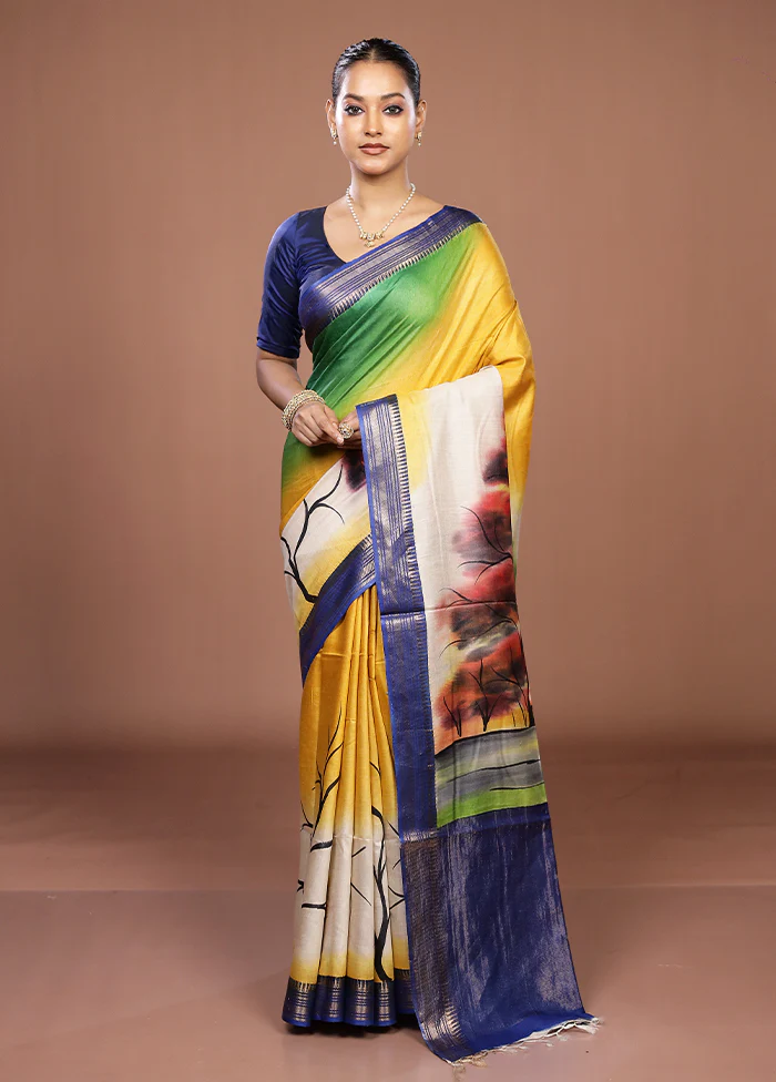 Yellow Handloom Tussar Pure Silk Saree With Blouse Piece - Image 2