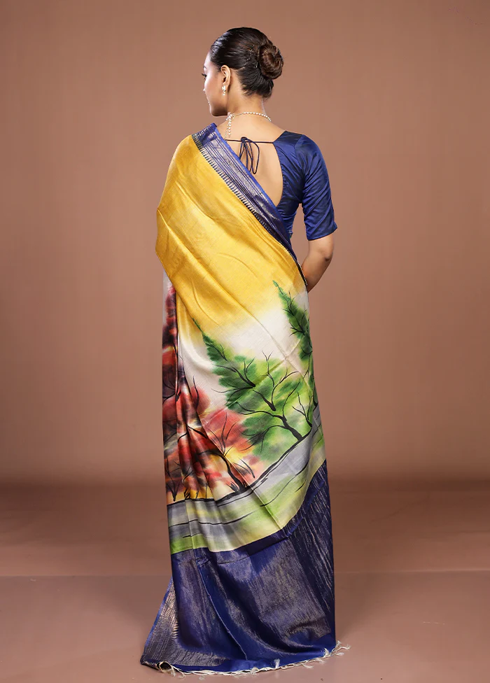 Yellow Handloom Tussar Pure Silk Saree With Blouse Piece - Image 3