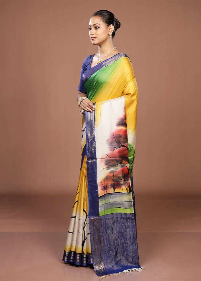Yellow Handloom Tussar Pure Silk Saree With Blouse Piece - Image 4