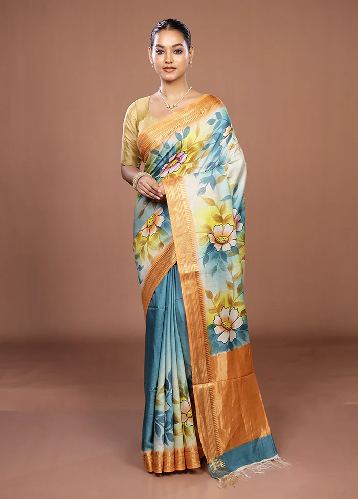 Blue Handloom Tussar Pure Silk Saree With Blouse Piece - Image 2