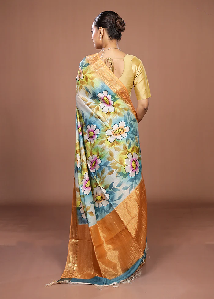 Blue Handloom Tussar Pure Silk Saree With Blouse Piece - Image 3