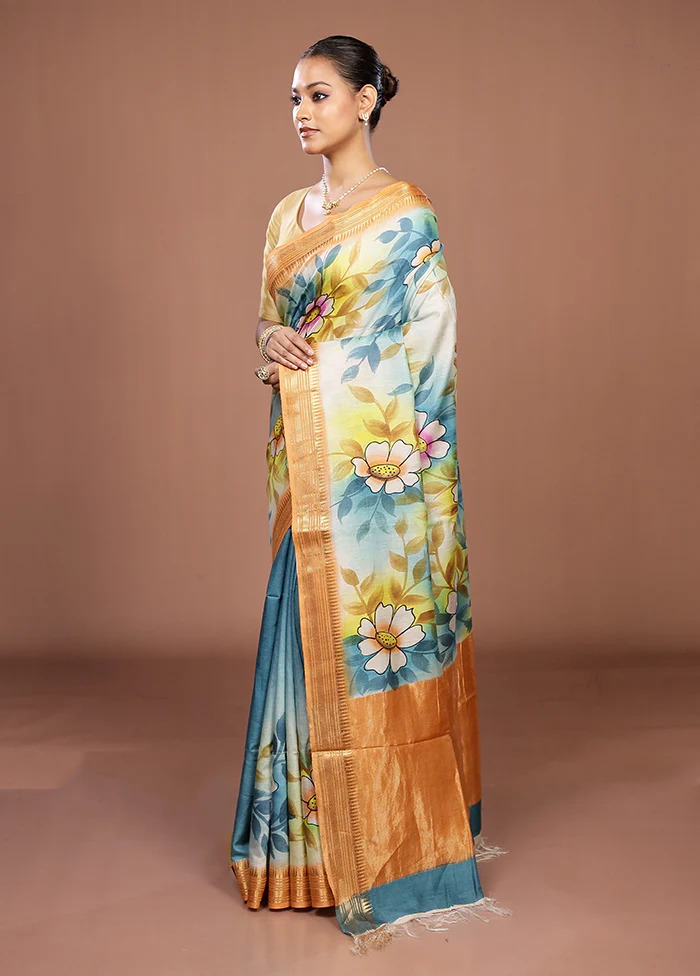 Blue Handloom Tussar Pure Silk Saree With Blouse Piece - Image 4