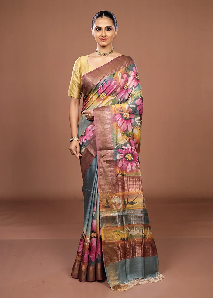 Blue Handloom Tussar Pure Silk Saree With Blouse Piece - Image 2