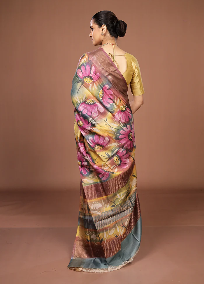 Blue Handloom Tussar Pure Silk Saree With Blouse Piece - Image 3