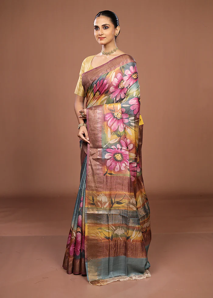 Blue Handloom Tussar Pure Silk Saree With Blouse Piece - Image 4