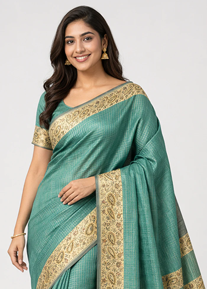 Blue Handloom Tussar Pure Silk Saree With Blouse Piece - Image 2
